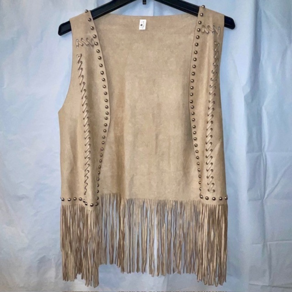 Crazy Train Tan Faux Suede Fringe Vest Studded Whipstitch Western Boho OneSize